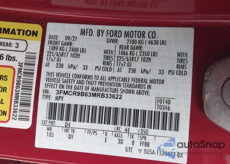 2021 Ford Bronco Sport Big Bend from USA, damaged, VIN 3FMCR9B63MRB33622